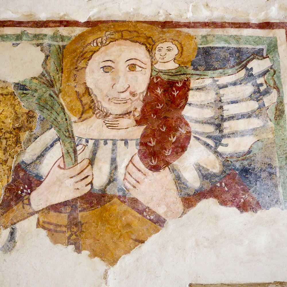 San Cristoforo protettore dei viaggiatori nell'affresco della Chiesa di Santa Lucia di Pol - Cammino Sentiero di Maria